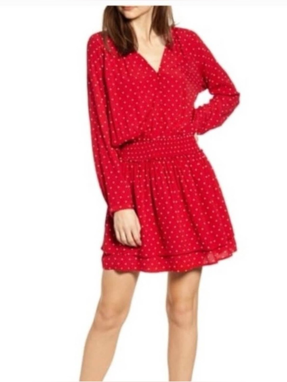 Rails Jasmine Scarlett White Mini Dots long sleeve V-neck Smocked Waist Dress S